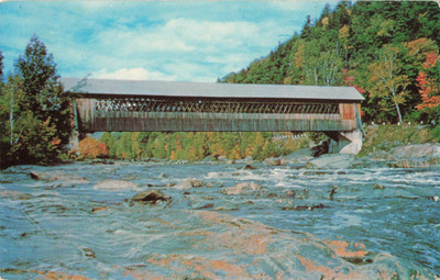 Covered Bridge over River - Fall Colors, Autumn - New England Postcard