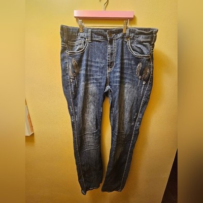 Cowgirl Tuff Women's Blue Jeans Feather Arrow Pattern 38 X 35 Denim Preowned