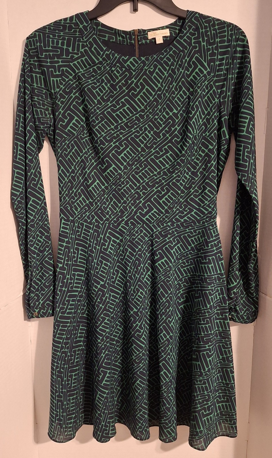 Shoshanna Long Sleeve Fit & Flare Green/Black Geometric Print Dress Size 2