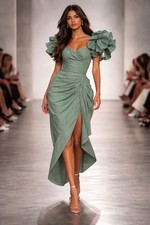 Pretty Little Thing Ruffle Sleeve Green Midi Length...Zise Size 4
