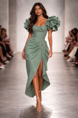 Pretty Little Thing Ruffle Sleeve Green Midi Length...Zise Size 4