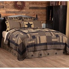 Primitive Queen Quilt Set Black Appliqued Check Star Cotton VHC Brands