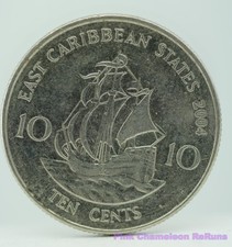 2004 East Caribbean States 10 Cents Coin Queen Elizabeth II Golden Hind Ship