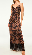 MISA LOS ANGELES NWT $395 Tova Brown Black Satin Leaf Print Maxi Slip Dress M