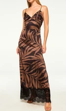 MISA LOS ANGELES NWT $395 Tova Brown Black Satin Leaf Print Maxi Slip Dress XS