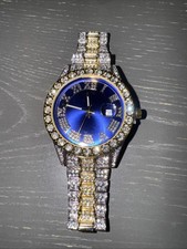 Hip Hop Iced Watch Two Tone Rapper Bling Simulated Diamond Blue Dial Luxury