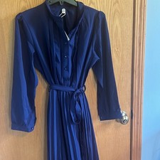 Women's blue pleated ankle length dress button up under slip size large LG L