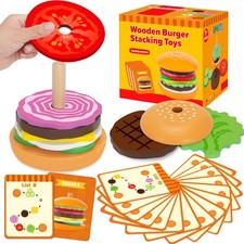 Jumlys Montessori Wooden Burger Stacking Toys for 2, 3, 4, 5 Year Olds, Fine ...
