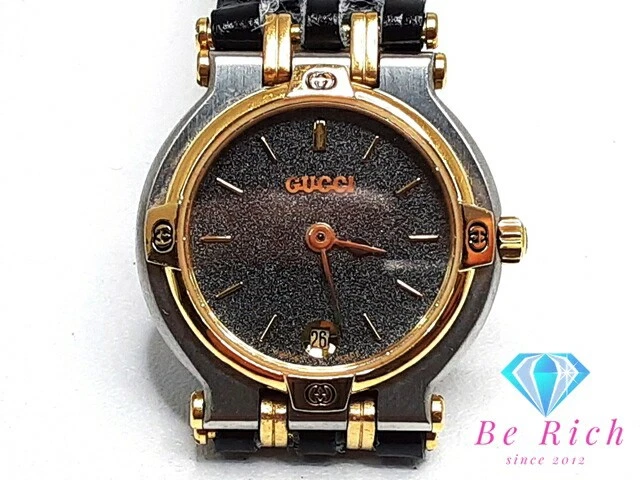 Bracelet en cuir analogique Gucci Date 9000L rond gris métal armé noir Ss Qz