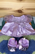 Vintage Build A Bear 2 Piece Set- Purple Satin Rose Dress, Purple Gemstone Shoes