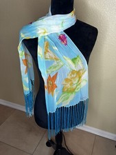 NWT LAUREN RALPH LAUREN WOMEN'S 100 SILK SCARF LIGHT BLUE FLORAL FRINGE.SIGNED