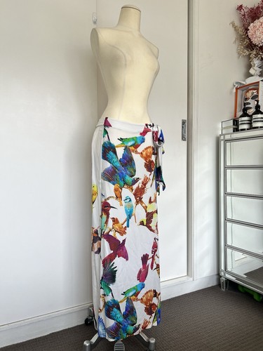Sass & Bide Maxi Skirt 6 Bird Print 100% Silk Light Weight Side Slit Long - Picture 4 of 22