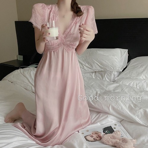 Ladies Satin Long Dress Lace Splice Trim Nightdress Nightgown Loungwear Home - Picture 5 of 13