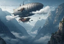 STEAMPUNK AIRSHIP OVER MOUNTAINS ART PRINT, Surreal Ship Poster, Fantasy Decor