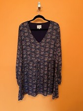 Sezane Penelope Ocher Blue Floral Print 100% Silk Dress Size 42 Rue Saint-Fiacre