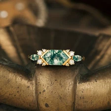 Hexagon Moss Agate Engagement Ring 925 Silver Gold Olated Ring Promise Gift Her