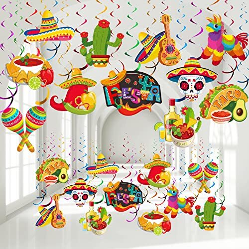51 Pcs Mexican Fiesta Hanging Swirl Decorations Cinco De Mayo Party Supplies Tac