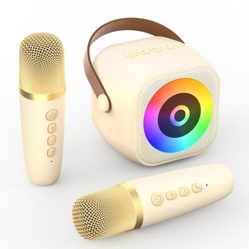 Mini Karaoke Machine, Portable Bluetooth Karaoke Speaker with 2 Wireless Beige