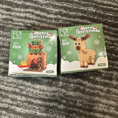 Building Brick Set 2 Holiday Blocks Building 3D Reindeer & Chimney Christmas New