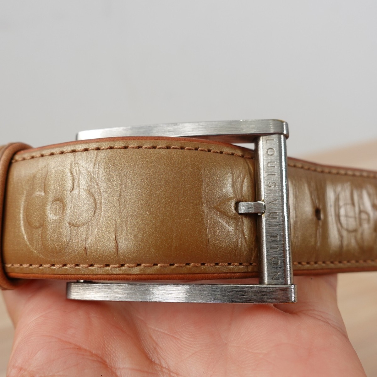 LOUIS VUITTON Belt 75 30 Leather Monogram Logo Small Nude Vernis