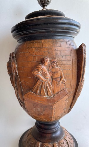 Antique Chalice Wooden Carved History Historied Scene Silver Handle - Picture 6 of 12