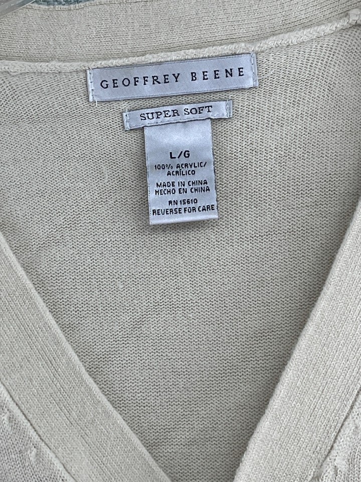 Geoffrey Beene Mens Beige Cardigan Sweater L Super Soft Acrylic VNeck