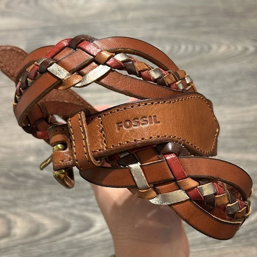 Fossil Multicolor Woven Braided Belt Leather Brass Hippie Style 1.5" Size M 39"