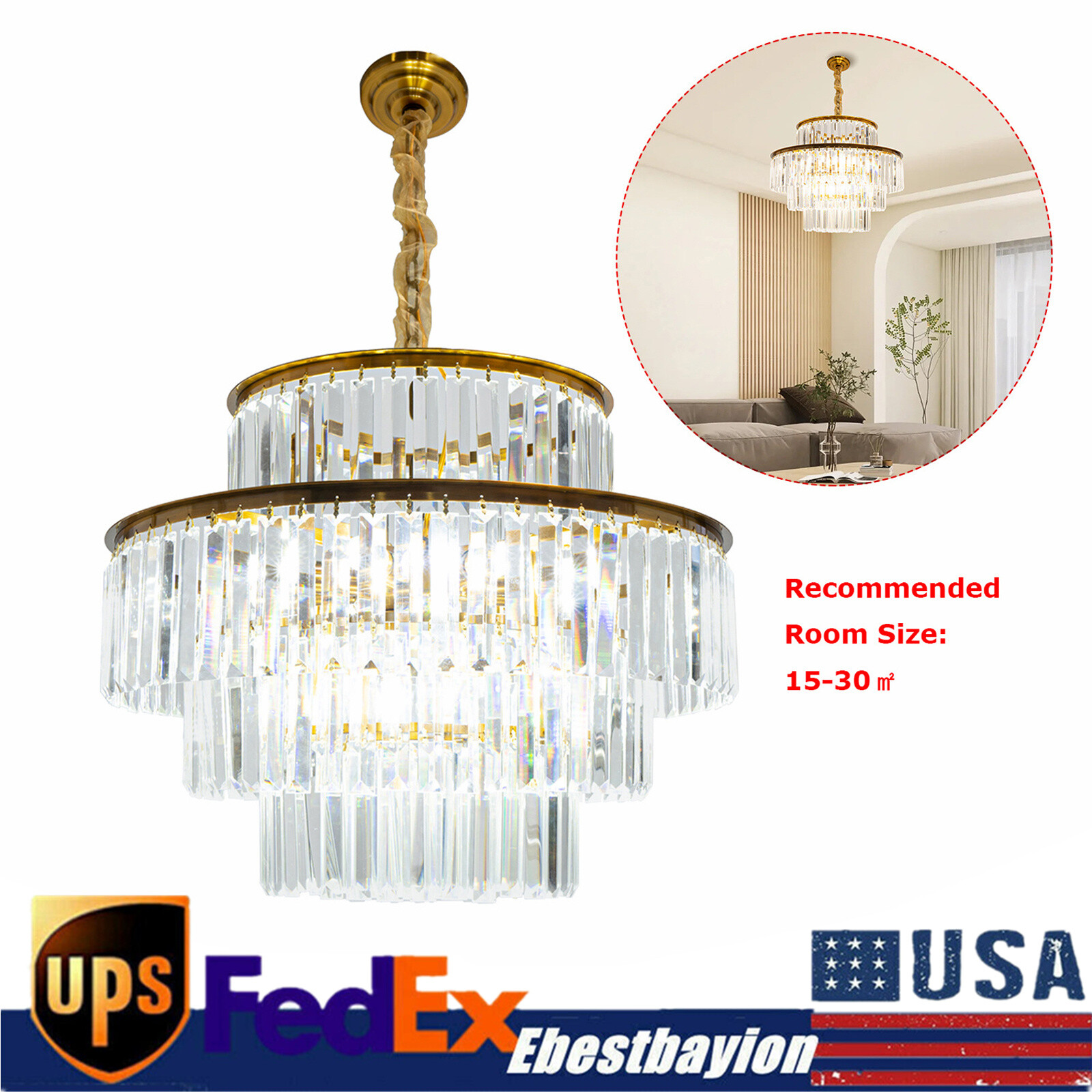 Crystal Chandelier Ceiling LED Light Living Room Pendant Lamp 3 Color 110V-220V