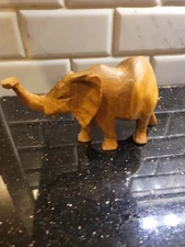 Hand Carved Wooden Elephant Figurine Teak Wood Safari Animal Sculpture Trunk Up