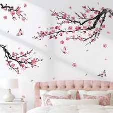 Pink Flower Branch Wall Decals Blossom Tree Branches Floral Wall Stickers Liv...