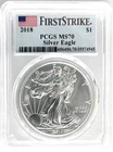 2018 SILVER EAGLE FIRST STRIKE PCGS MS70 FLAG BLUE LABEL TONING/SPOTTING