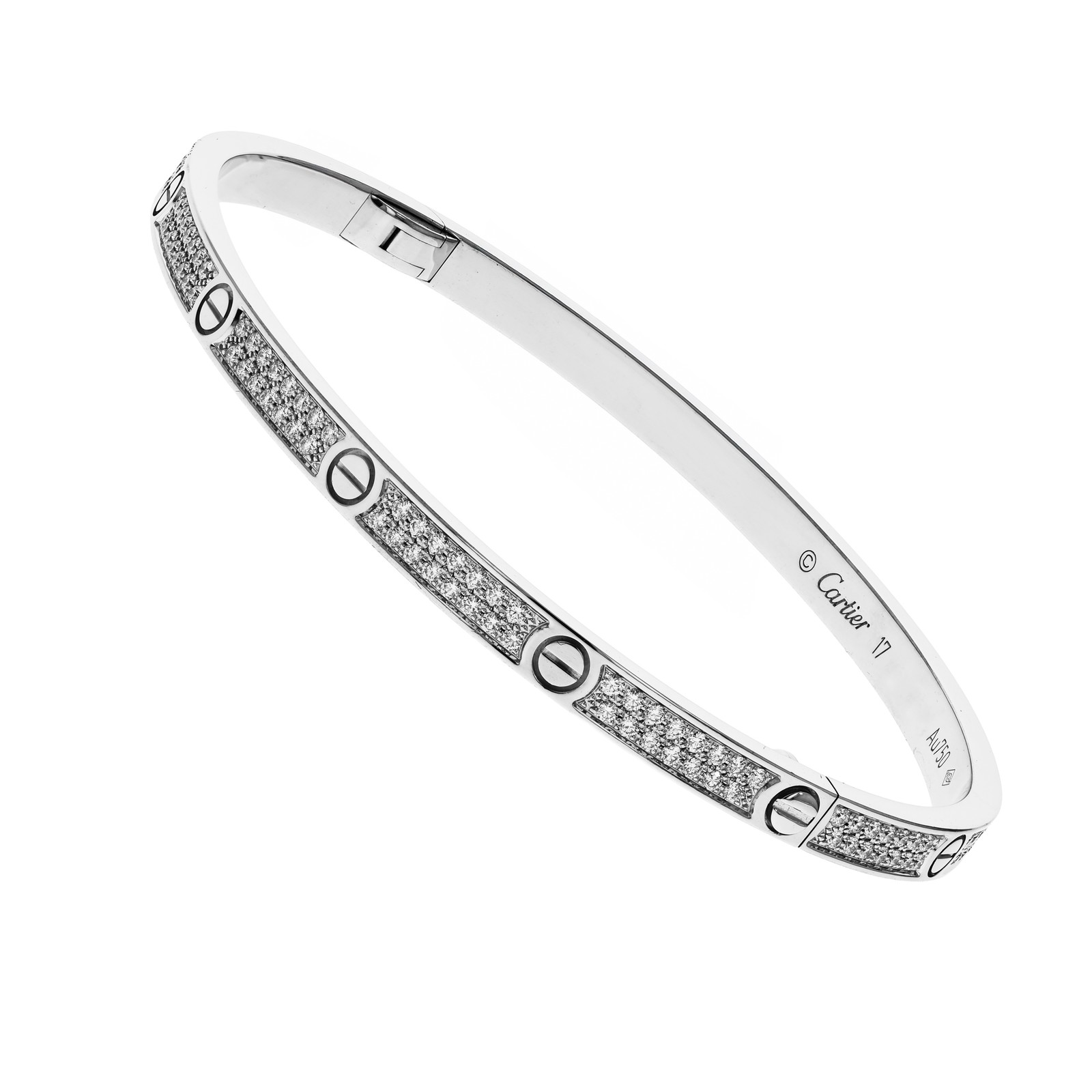 Cariter 18k White Gold Pave Diamond Love Bangle Bracelet Size 17 image 3