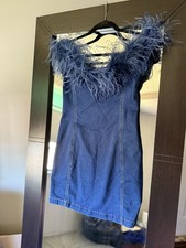 Fashion Nova Jean Feather Off The Shoulder Dress Small NWT Blue