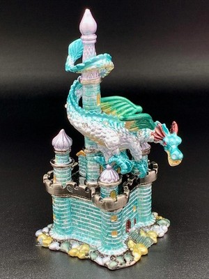 Enameled Dragon & Castle Trinket Box Bejeweled Fantasy Fairy Tale Mythological