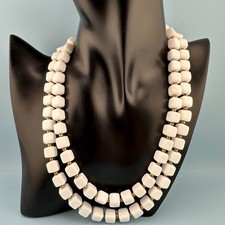 Vintage White Milk Glass Necklace Double Strand Square Shape Bead Retro Mod 18"