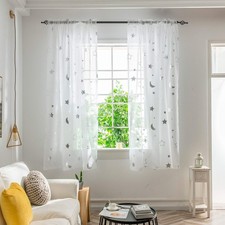 Cute Star Sheer Curtains for Kids Boys Room Silver Foil Printed Moon White Cu...