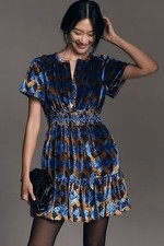 Anthropologie The Somerset Mini Dress Velvet Edition Size X-SMALL Blue Geo