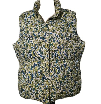 LANDS END Women's Lime Green Turquoise Berry Print DOWN PUFFER VEST Sz XL 18-20