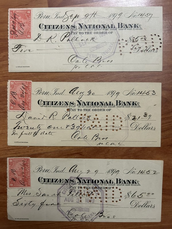 United States 1899 Three Old " Citizens National Bank ". Peru, Indiana Bank Chec