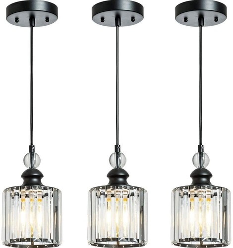 Matte Black Crystal Pendant Lighting for Kitchen Island,3 Packs Industrial Ad...