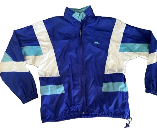 Nike, Vintage Nike Teal White Blue Colorblock Track Jacket 1990’s Size L Coat Zip Up