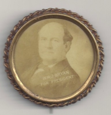 2'' Wm J Bryan For President Sepia Photo Pin w/ Metal Filigree Border & Backpaper