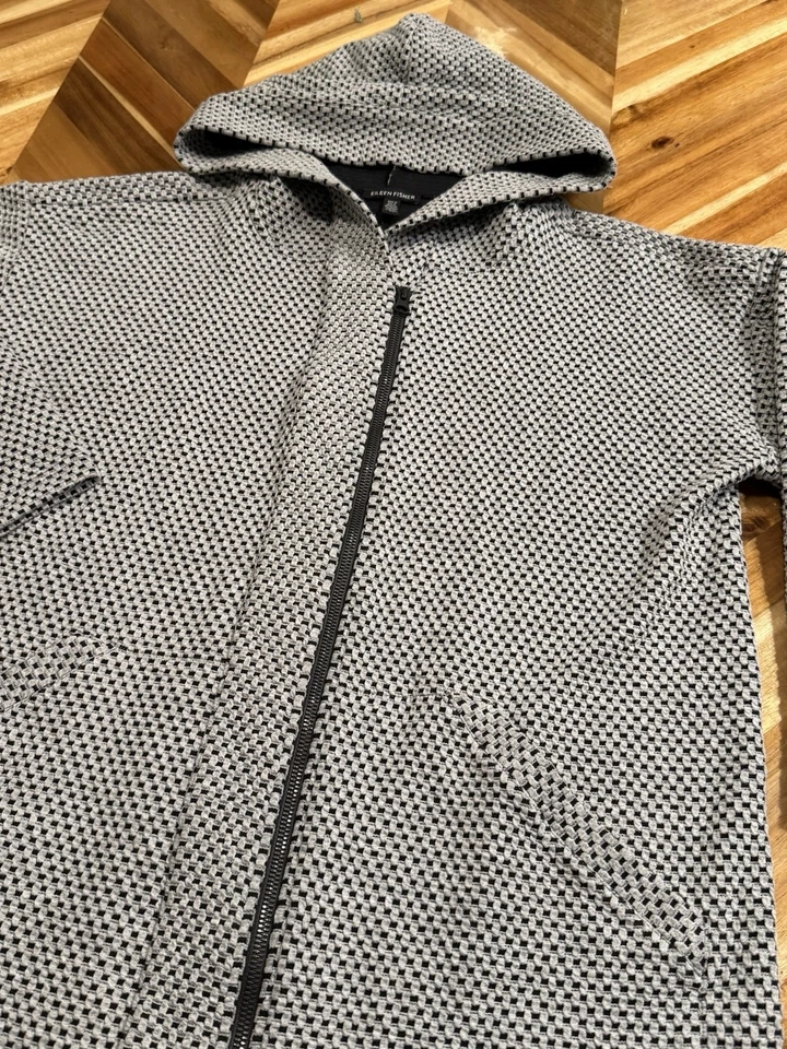 Chaqueta con Capucha Eileen Fisher Mujer Cremallera Frontal Texturizada Tejida Negra Gris Pequeña S/P Foto 2 de 4