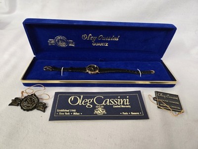 Oleg Cassini Ladies Watch Genuine Diamond Quartz w/Black Leather Band/Box
