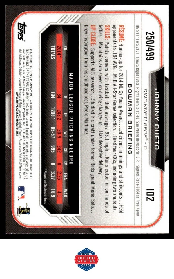 2015 Bowman #102 Johnny Cueto Silver #/499 - Image 2 of 2