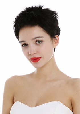 Perücke Echthaar Damen Herren kurz fransig Pixie 80er Igel Micro Pony Schwarz