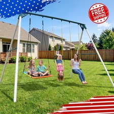 Hapfan 700lbs 9.5ft Heavy Duty Frame Metal Swing Set w/Three Swings, Trapeze Bar