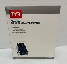 TYR Alliance Big Mesh Mummy Backpack 40L Blue with Zip Pocket and Swim Cinch Sac