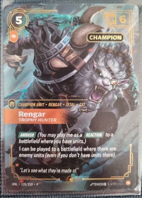 Riftbound Rengar Trophy Hunter Champion Stamp Winner UNL 120/219