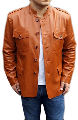 Men's Retro Style Orange Button Down Shirt Genuine Leather Vintage Biker Jacket